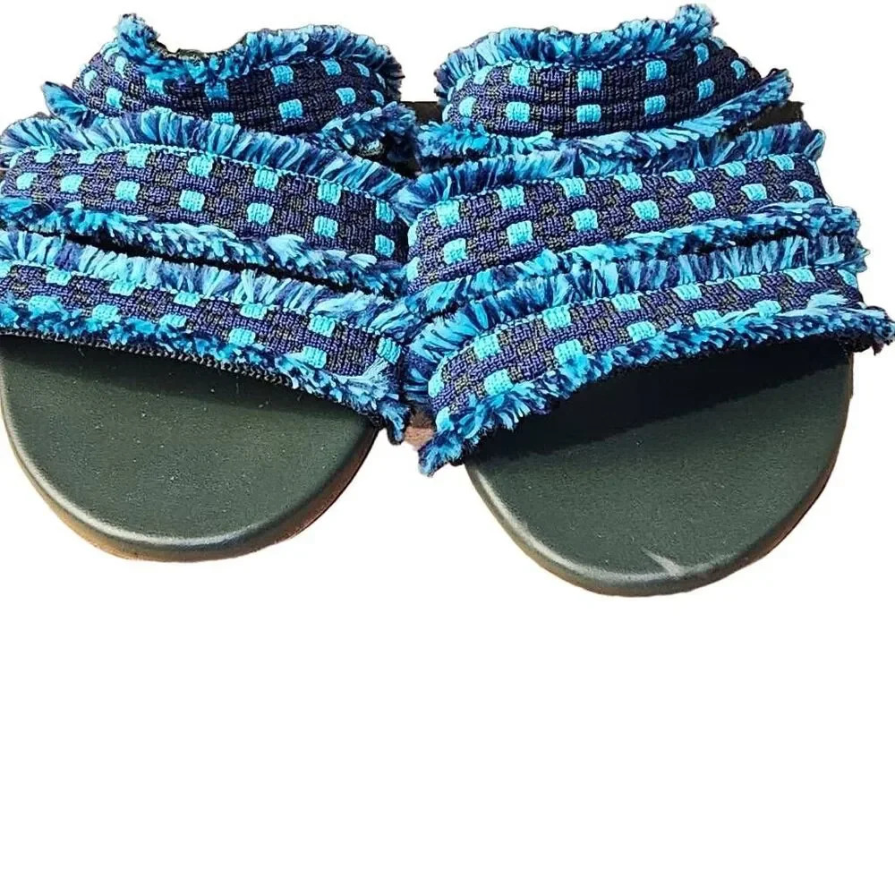 Rothy's Womens Blue Fringe Triple Fabric Strap Slide‎ On Flat Sandals 6 - Picture 4 of 7